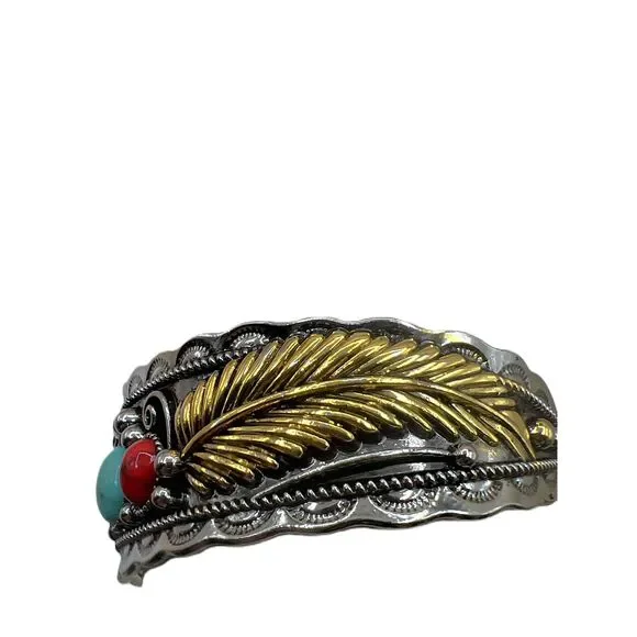 NEW Silver Gold Accents Faux Turquoise Stone Red Stone Boho Bracelet - Picture 11 of 11